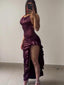 Robe Longue en Satin Fendue Volantée