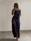 Robe Longue en Satin Fendue Volantée