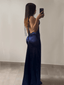 Robe Longue en Satin Fendue Volantée