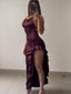 Robe Longue en Satin Fendue Volantée