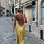 Robe en Satin jaune fendue à épaule dénudée